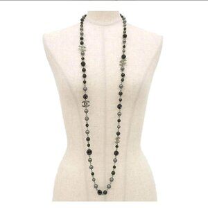 CHANEL Ruthenium Pearl Beaded CC Long Necklace Black
